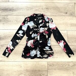 Soft Black Mesh Floral Snap Closure Long Sleeve Top L Y2K Fairy Grunge Festival